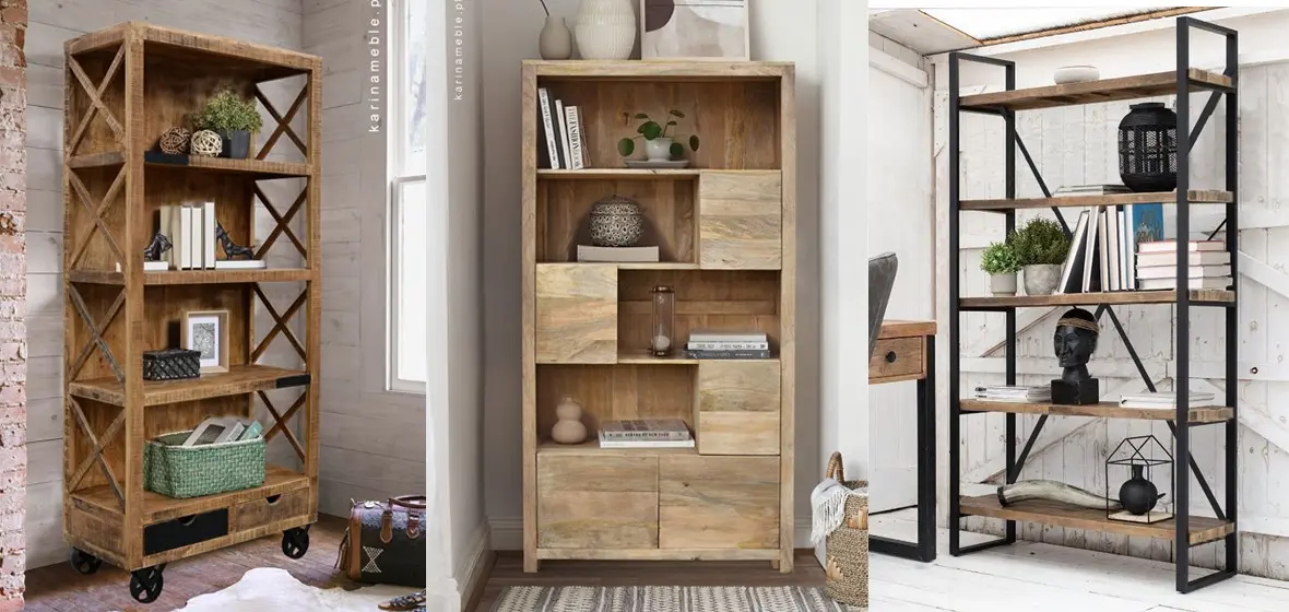 Inspiracje na drewniane regały i biblioteczki do salonu i gabinetu Kolaż biblioteczek i regałów drewnianych w stylu indyjskim, rustykalnym i loftowym