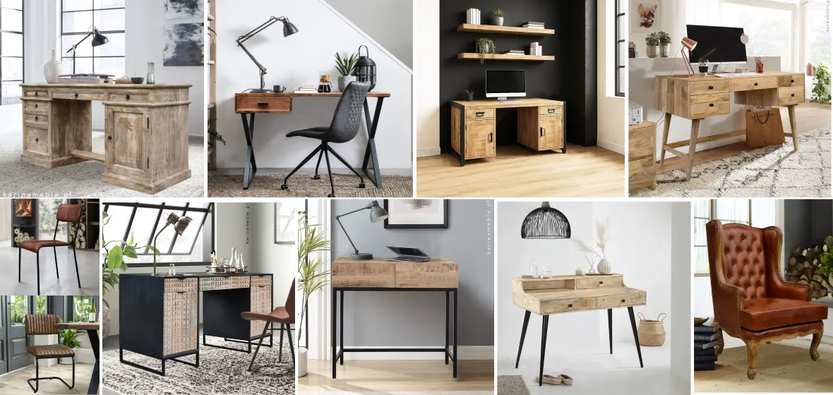 Inspiracje na drewniane biurka do domowego biura i gabinetu Kolaż biurek drewnianych w stylu loftowym, industrialnym i indyjskim w różnych aranżacjach gabinetu