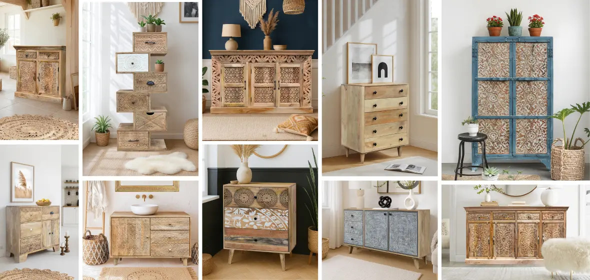 Inspiracje na komody drewniane w stylu indyjskim, loftowym i boho Kolaż stylowych komód drewnianych: rzeźbiona komoda indyjska, industrialna komoda z metalu i drewna oraz komoda w stylu boho.