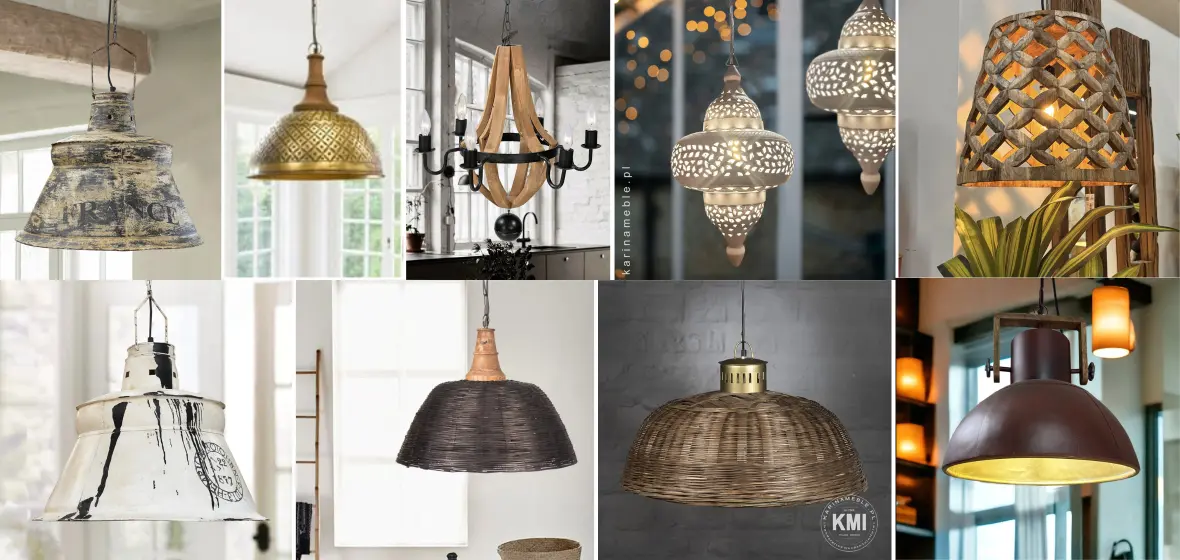Inspiracje na stylowe oświetlenie: lampy loftowe, drewniane i orientalne Kolaż lamp w stylu loftowym, orientalnym i drewnianym
