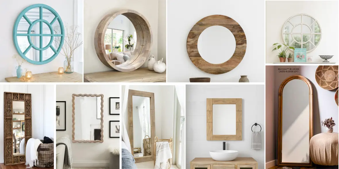 Inspiracje na dekoracyjne lustra w drewnianych ramach do salonu i przedpokoju Kolaż luster w stylu orientalnym, indyjskim i boho z ręcznie rzeźbionymi ramami z drewna mango