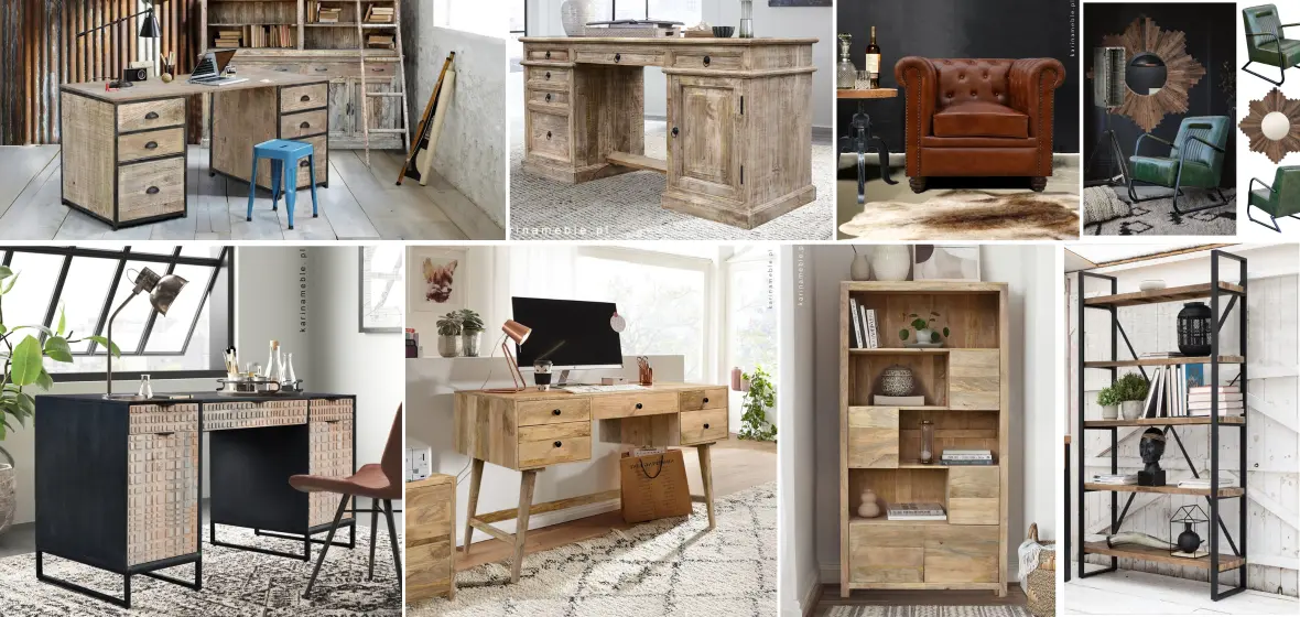 Inspiracje na gabinet w stylu industrialnym z drewnianymi meblami Aranżacja domowego gabinetu w stylu loftowym z biurkiem, stołkiem i regałem z litego drewna i metalu