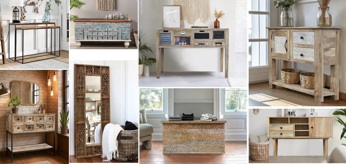 Inspiracje na aranżację przedpokoju z meblami z litego drewna Kolaż mebli do przedpokoju w stylu indyjskim, loftowym i boho: konsole, lustra i szafki
