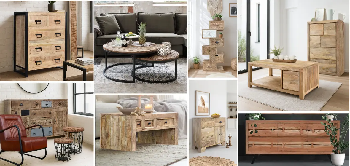Inspiracje na nowoczesny salon z meblami z litego drewna Kolaż mebli do salonu w stylu loftowym i nowoczesnym: drewniane komody, stoliki kawowe i regały z drewna mango