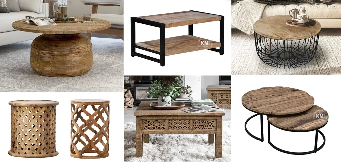 Inspiracje na stoliki kawowe i pomocnicze z litego drewna mango Kolaż stolików kawowych w stylu indyjskim, loftowym i boho w aranżacji salonu