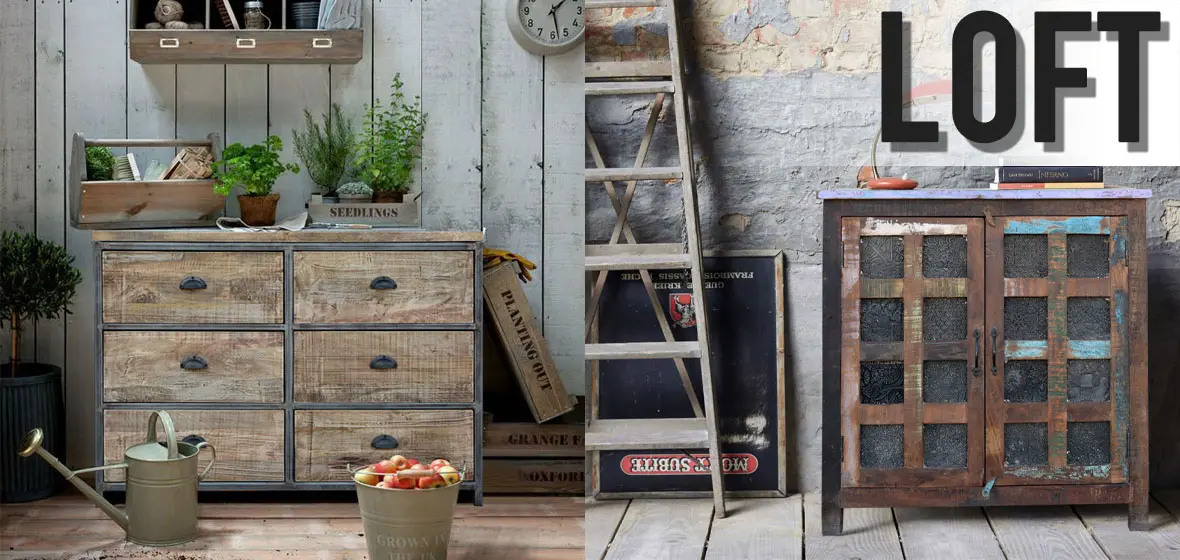 Inspiracje na salon w stylu industrialnym z ekskluzywnymi meblami z recyklingu Kolaż mebli w stylu loft z kolekcji WAREHOUSE: sofa z samochodu, komody ze starego drewna i metalu