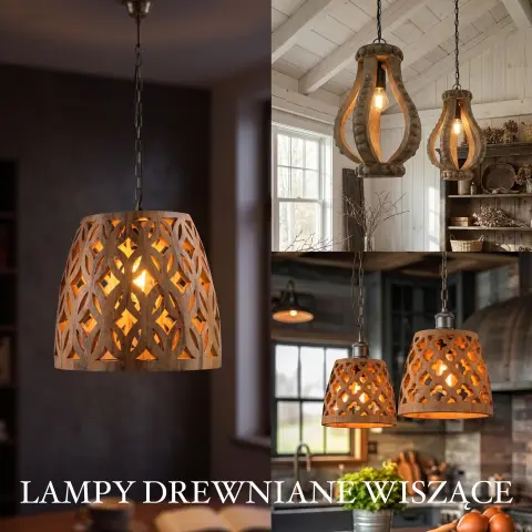 Lampy drewniane wiszące z dekoracyjnymi ażurowymi kloszami oraz modelami z rzeźbionych listew w aranżacjach salonu, jadalni i kuchni w stylu rustykalnym, boho oraz orientalnym