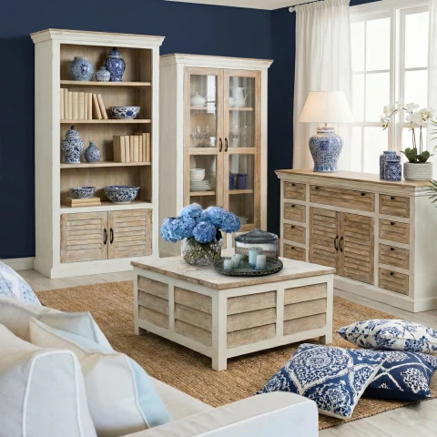 Kolekcja Hampton Island – bielone meble Hampton z drewna mango, fronty żaluzjowe i styl coastal
