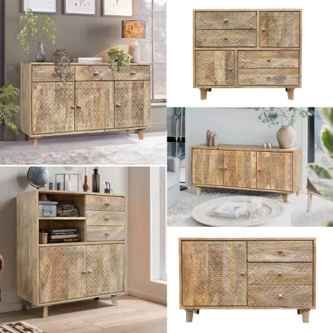Kolekcja Monsoon – ręcznie rzeźbione komody i szafki w stylu boho, wykonane z naturalnego, litego drewna mango.